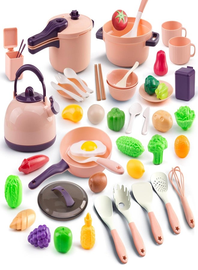 Zero Zoo 60Pcs Kids Mini Play Kitchen Accessories, Pretend Cooking Play Set with Cookware, Tableware & Fruit & BBQ Sets, Learning Gift for Boys, Girls, Toddlers,Pink - Image 1